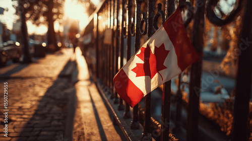 Flagpole casting a long shadow with the Canadian flag fluttering in golden hour. 