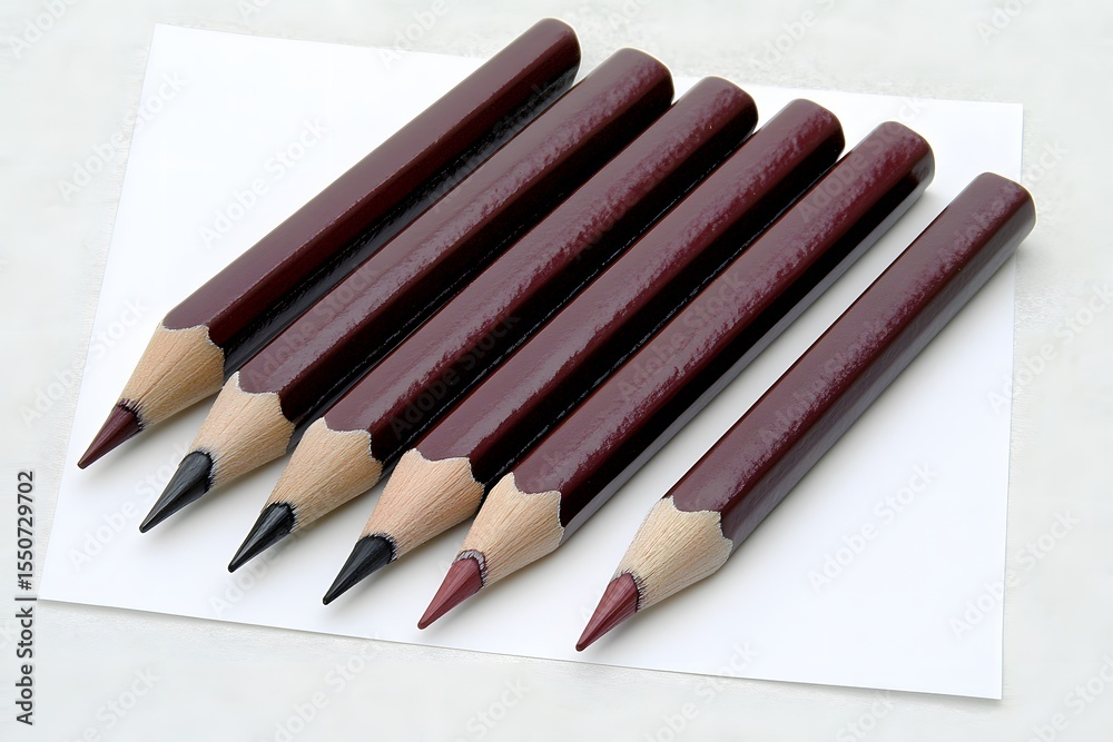 Obraz premium Five Dark Brown Wood Cased Pencils on White Paper