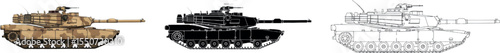 Detailed M1 Abrams Tank Illustrations: Desert Camo, Silhouette & Technical Line Art – Side Profile Comparison of Modern Main Battle Tank Designs