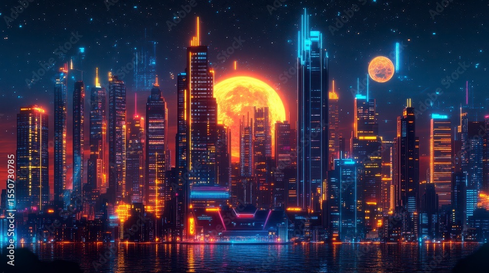 Fototapeta premium Futuristic Cityscape at Night with Bright Moon and Neon Lights