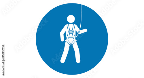 Safety Icon: White Figure in Blue Oval Wearing a Full-Body Harness and Attached to a Rope