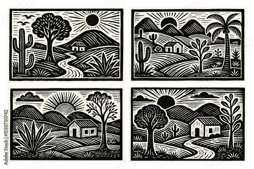 Set of landscapes with cacti, trees, mountains, house, cloud and sun. Brazilian northeast cordel vector illustration. Woodcut style. Black and white