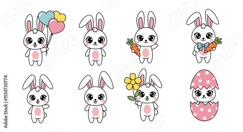 Seven Adorable Cartoon Easter Bunnies in Various Poses with Balloons, Carrots, and Flowers