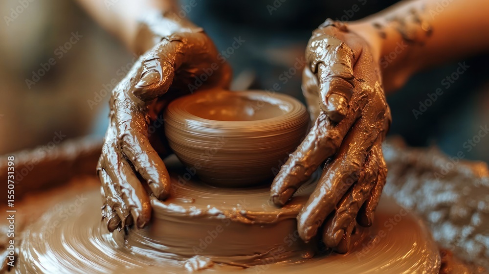 Hands shaping clay bowl on pottery wheel Hands shaping clay bowl on pottery wheel