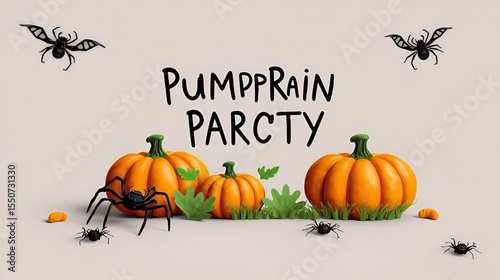 Pumpkin Patch Party: Halloween Greeting Card Mockup with Spooky Spiders
