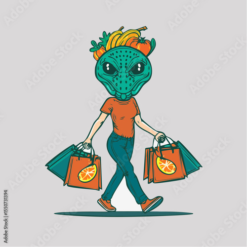 Vector cartoon illustration of a fashionable shopping woman walking with bags