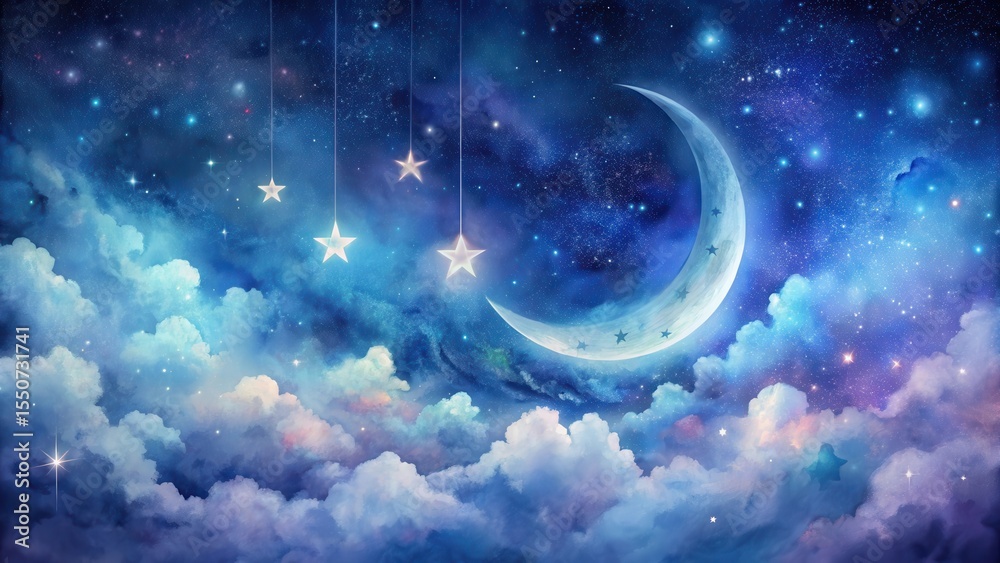 Fototapeta premium Serene Night Sky with Crescent Moon and Dangling Stars Above Soft Cloudscape