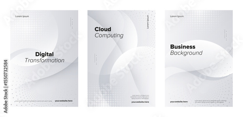 Abstract grey digital poster set. Minimalist wavy and halftone vector business template background. 