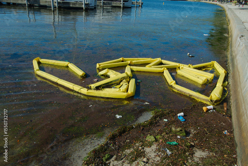 Yellow Oil Spill Containment Booms at Polluted Waterfront Scene by seawall. Booms around polluted water near a quay. Various litter and environmental pollutants are visible, illustrating ecological is