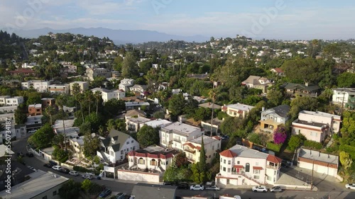 Aerial view of Silver Lake neighborhood with homes on Sunset street at Los Angeles USA 