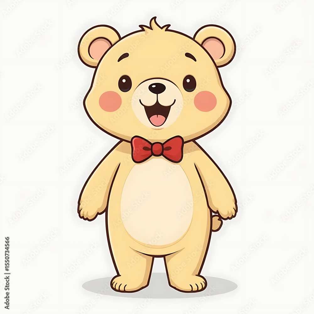 Naklejka premium Cartoon Teddy Bear Standing, Red Bowtie, Cute Illustration