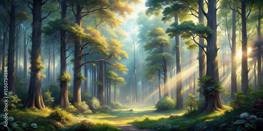 Obraz premium Sunbeams Illuminate a Mystical Forest Path Where Lush Greenery and Tall Trees Create a Serene and Tranquil Atmosphere