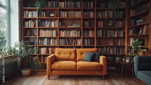 Bookcase with neatly arranged books in a modern house, showcasing clean design 