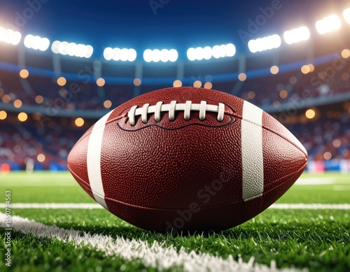 American football on a field, stadium lights