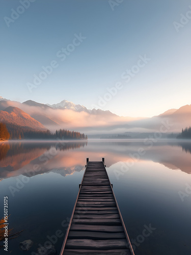 Serene lake with morning mist, breathtaking mountain reflections, idyllic autumn scene with wooden pier and hiking trails, 3D illustration, copy space for text