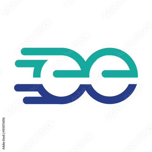 The image shows a flat logo design of an abstract letter ee in lowercase in aqua purple color that looks fast on a white background 