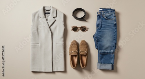 Flat lay of stylish women's clothing and accessories.  A light beige blazer vest, dark denim jeans, tan loafers, a black belt, and sunglasses.  Items are laid out neatly on a neutral beige background