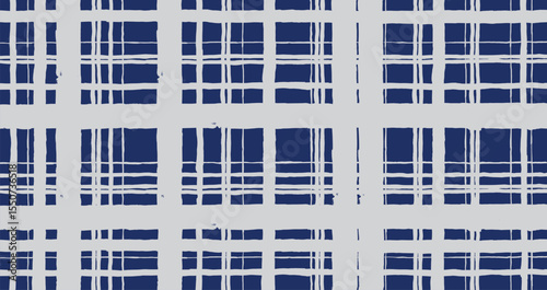 Hand drawn brush lines abstract distressed plaid pattern in gray and blue, Japanese and ethnic handcrafted intersecting stripes grid background, simple modern graphic for textile, carpet