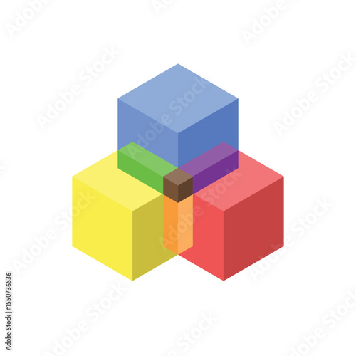 The image shows a flat logo design of an overlapped three cubes shaped in multi bright color that looks clean and modern on a white background 