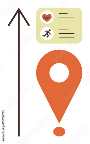 Arrow pointing upward beside a location marker and health data icons, showing progress and fitness tracking. Ideal for health monitoring, growth, fitness goals, sports, wellness, achievement, simple