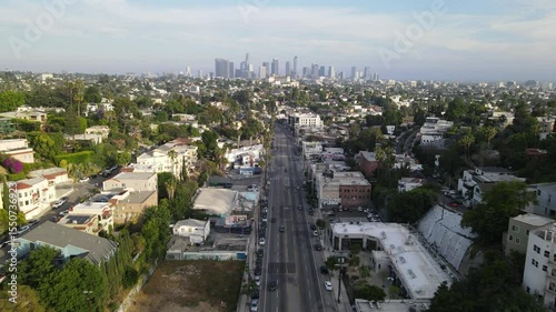 Aerial view of Silver Lake neighborhood with homes and commercial buildings Los Angeles USA