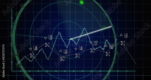 Displaying radar sweep showing fluctuating line graph on control screen, with green blip