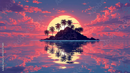 Serene island paradise at sunset in retro pixel art
