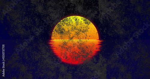 Shining stylized sun circle glowing at horizon, with reflection on water and grunge texture overlay