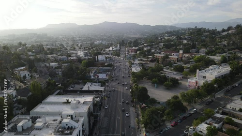 Aerial view of Silver Lake neighborhood with homes and commercial buildings Los Angeles USA