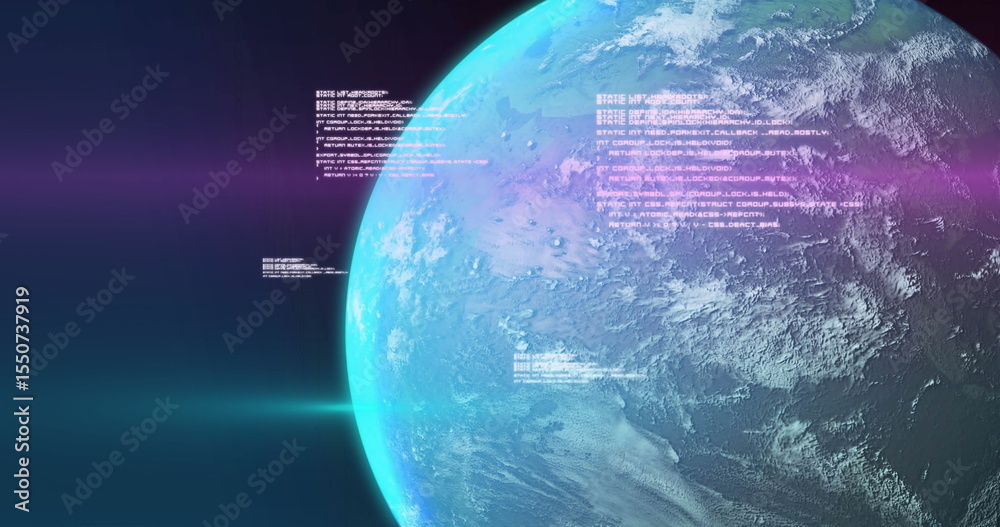 Fototapeta premium Displaying planetary globe hovering in outer space, with floating code fragments and light streaks