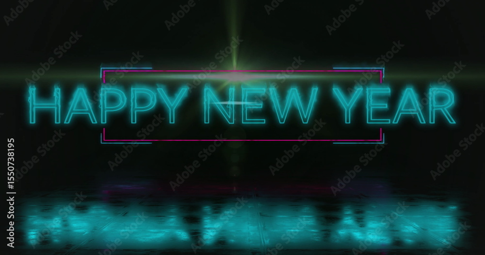Obraz premium Neon sign displaying HAPPY NEW YEAR and green beam on floor in studio, with magenta frame