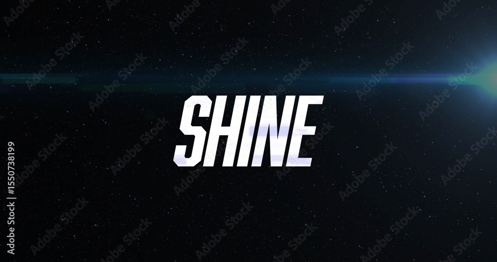 Fototapeta premium Floating stylized white SHINE text in deep outer space scene, with bright star lens flare