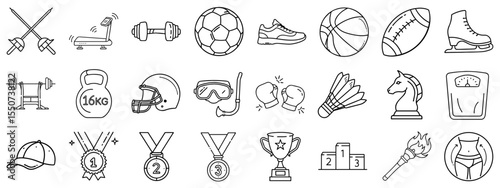 Set of sport awards and items icons for competitions, sports promotions and fitness branding