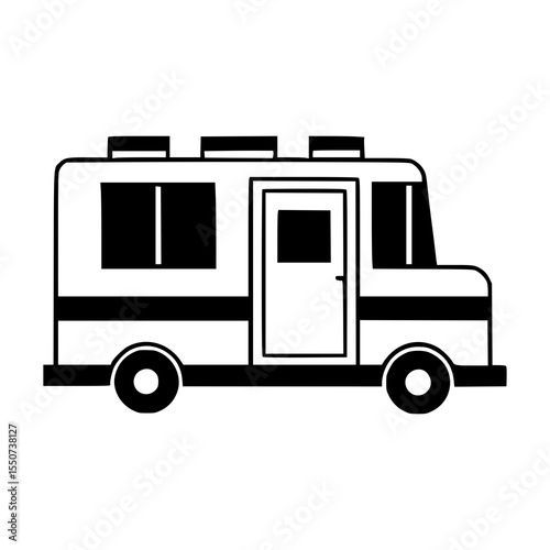 Black and white camper van illustration for adventure travel, RV lifestyle, camping graphics, retro vehicle decor, road trip posters, logo design, t-shirt print, vector clipart use