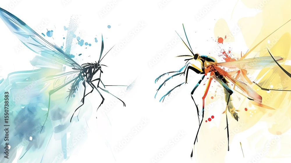 Obraz premium Mosquitoes on a White Background – a sharp and scientific visual. The clean white backdrop highlights the detailed form of mosquitoes in a clear and focused manner.