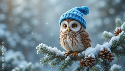 Snowy Owl in Blue Hat on Pine Branch