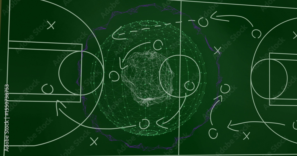 Fototapeta premium Chalkboard graphic showing network sphere over basketball court diagram with X O markers and arrows