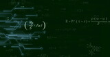 Glowing cyan circuit branching in virtual backdrop, with formulas and chemical diagram, copy space