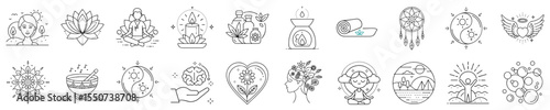 Set of meditation icons for wellness programs, mindfulness practices and holistic lifestyle campaigns