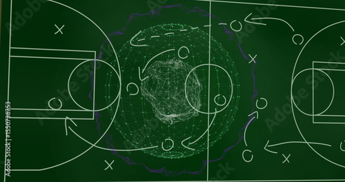 Chalkboard graphic showing network sphere over basketball court diagram with X O markers and arrows