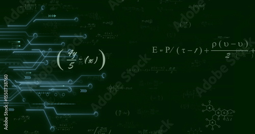 Glowing cyan circuit branching in virtual backdrop, with formulas and chemical diagram, copy space
