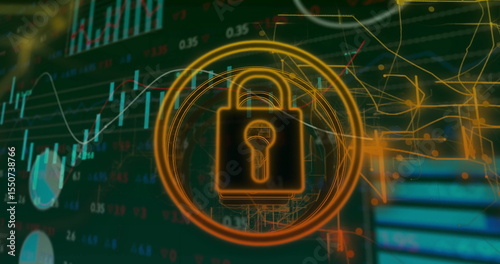 Glowing padlock icon rotating within concentric rings on trading screen with candlestick charts