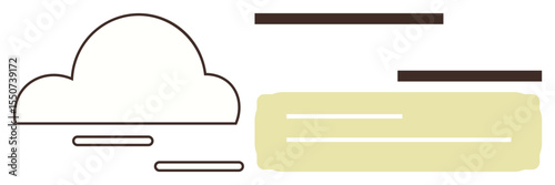 Cloud outline combined with horizontal lines and yellow abstract block suggesting data, progress, and organization. Ideal for technology, connectivity, simplicity, storage, minimalism, innovation
