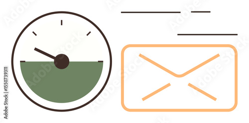 Speedometer with green meter and email envelope in simple style. Ideal for communication, speed, productivity, performance, efficiency, technology, and messaging. Clean simple flat metaphor