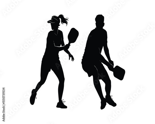 Striking silhouettes of male and female pickleball players showcase athletic action. Perfect for sports-themed designs, websites, or print materials.  High-contrast black and white.
