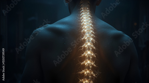 Illuminated Spine Winding Through the Darkness: A glowing human spine shining through the skin of the back, with each vertebra casting a faint ethereal light in a mysterious dark setting.