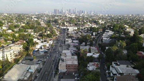 Aerial view of Silver Lake commercial buildings on sunset street Los Angeles USA 
