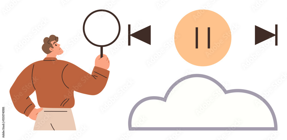Person holding magnifying glass near digital play, pause, and rewind controls above cloud shape. Ideal for analysis, media management, cloud storage, research, data review, streaming simple flat Person holding magnifying glass near digital play, pause, and rewind controls above cloud shape. Ideal for analysis, media management, cloud storage, research, data review, streaming simple flat