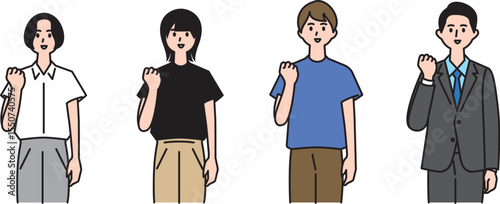 「がんばる！」と拳を握るポーズをとる男性と女性の全身のイラストセット
