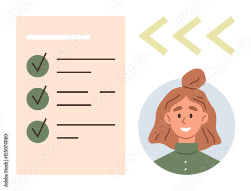 Task list with checkmarks and minimal lines paired with smiling woman in a circle portrait. Ideal for productivity, teamwork, planning, strategy, organization, human resources, simple flat metaphor